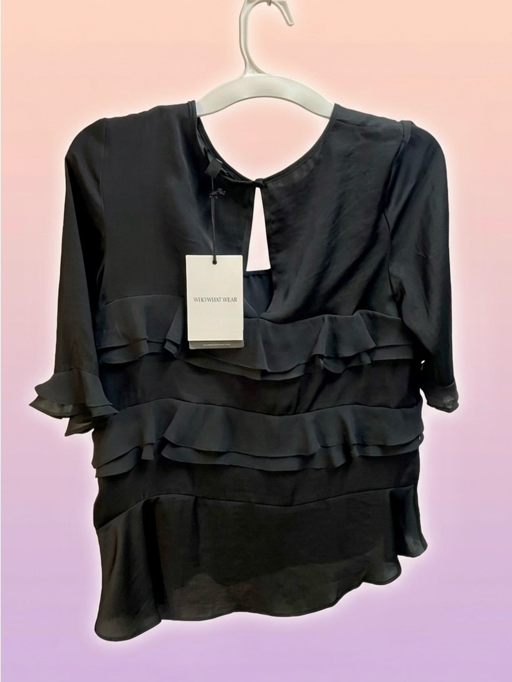 Who What Wear Black Sheer Ruffle Button Blouse